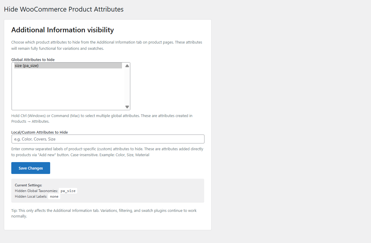 Hide WooCommerce Product Attributes